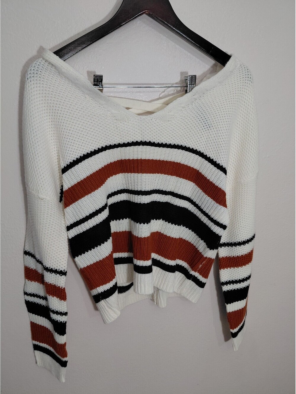 Windsor Women's Large White Knit Sweater with Black and Rust Stripes and Lace-Up